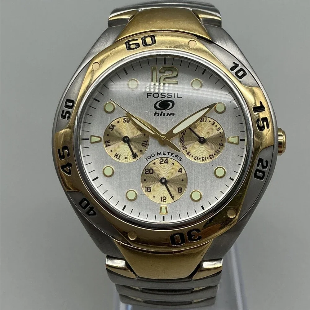 Fossil Blue BQ-9094 Mens Watch 40mm Silver Two Tone Stainless New Battery 6.5
